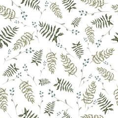 Seamless pattern with watercolor flowers. Wildflowers, boho pattern, delicate herbs, leaves and branches.