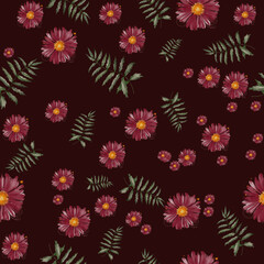 Seamless pattern with watercolor flowers. Wildflowers, boho pattern, delicate herbs, leaves and branches.