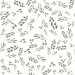 Seamless pattern with watercolor flowers. Wildflowers, boho pattern, delicate herbs, leaves and branches.