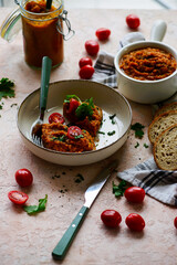 Homemade Squash caviar with bread. top view .