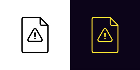 Outline file damage icon, with editable stroke. Document with exclamation mark, danger data. Damaged document, unreliable agreement, unsafe file, problem and error warning, risk alert
