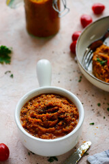 Homemade Squash caviar with bread. top view .