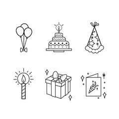 Birthday party celebration themed vector six icon set outline isolated on square white background. Simple flat minimalist outlined drawing with birthday party celebration theme.