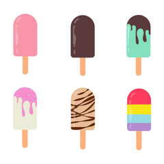 This collection contains 6 vector illustrations of delicious ice cream isolated on white background. The set includes various types of ice cream with different flavors and toppings.
