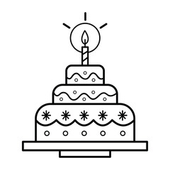 Three layer birthday cake with one candle and icing vector icon outline isolated on square white background. Simple flat minimalist outlined drawing with birthday party celebration theme.