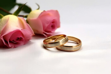 Small rose flowers and two wedding rings. AI generative