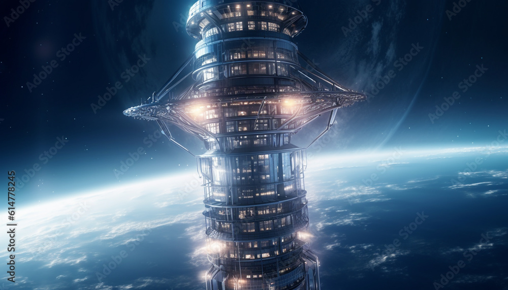 Poster futuristic spaceship orbits dark galaxy, communicating with illuminated skyscrapers below generated 