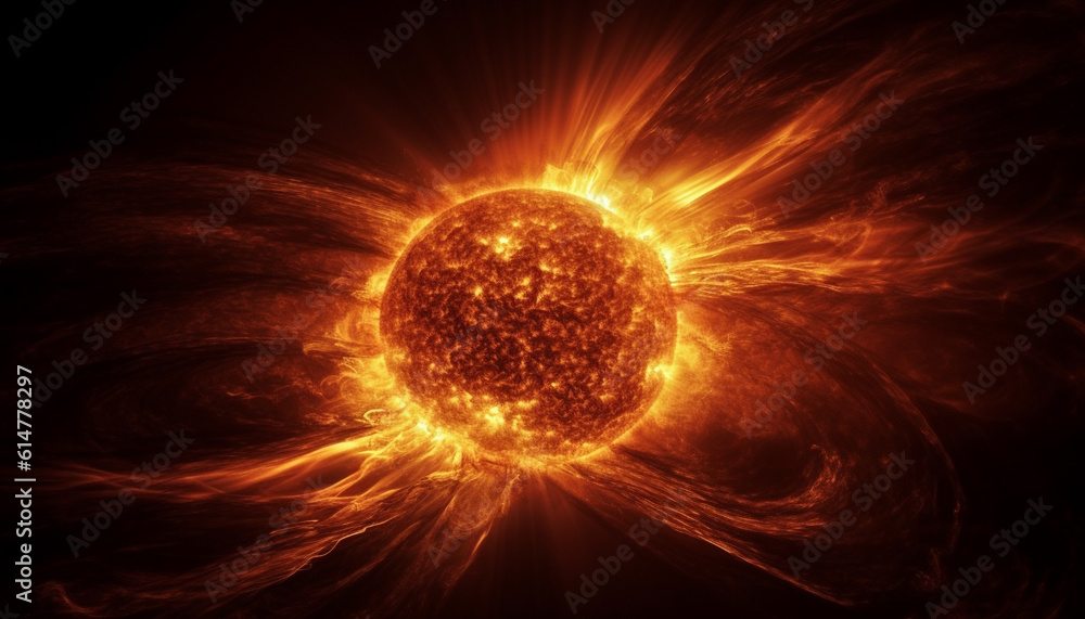 Poster galactic sphere ablaze with fiery abstract patterns, a futuristic inferno generated by ai