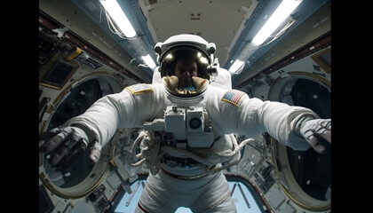 Naklejka premium One astronaut, flying in futuristic air vehicle, exploring space adventure generated by AI