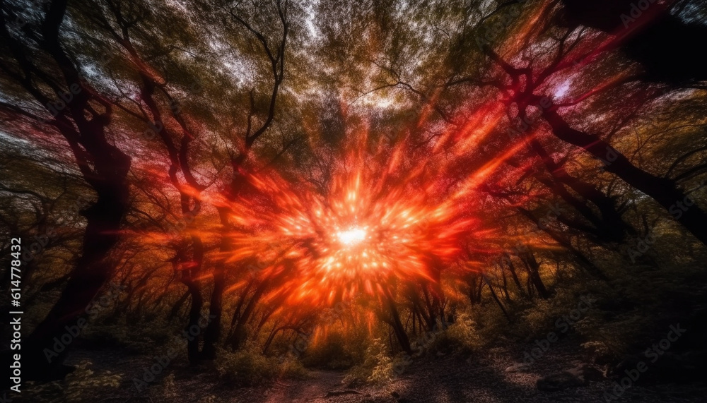 Poster nature inferno exploding flames illuminate dark forest in multi colored motion generated by ai