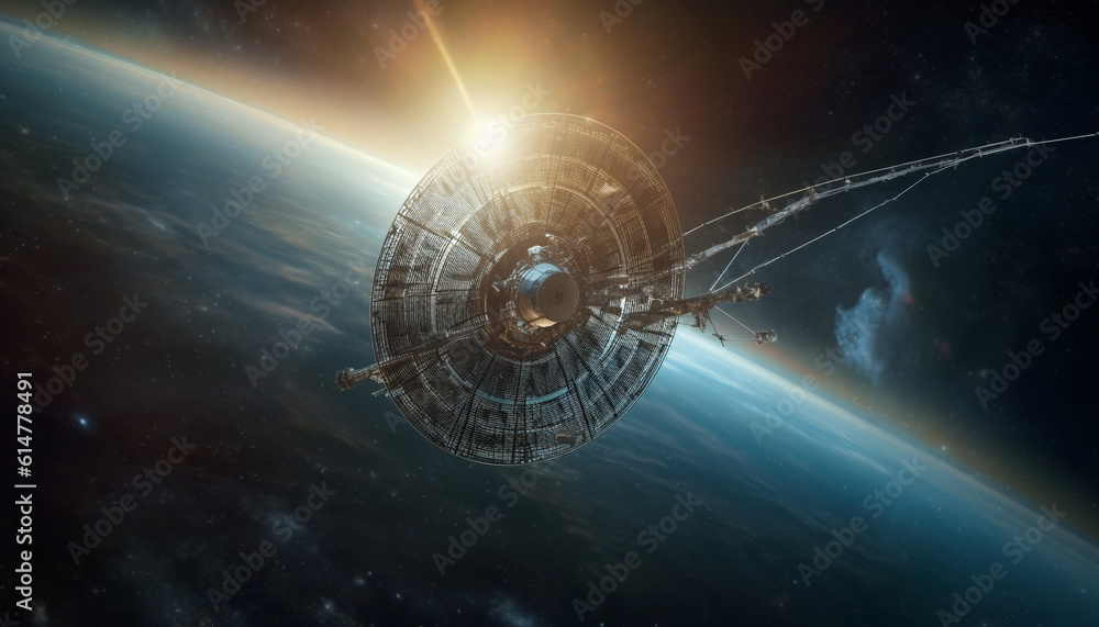 Poster futuristic spaceship orbits planet in glowing galaxy, digitally generated illustration generated by 