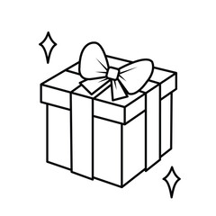 One gift box with tied bow and sparkling stars vector icon outline isolated on square white background. Simple flat minimalist outlined drawing with birthday party celebration theme.