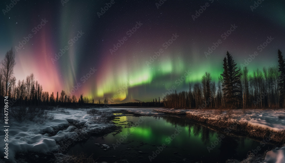 Poster majestic mountain range illuminated by aurora polaris and starry sky generated by ai
