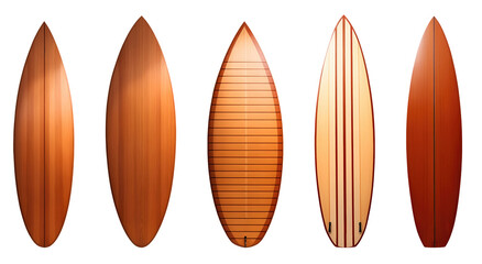 Set of wooden surfboard collection isolated on transparent background. Generative AI