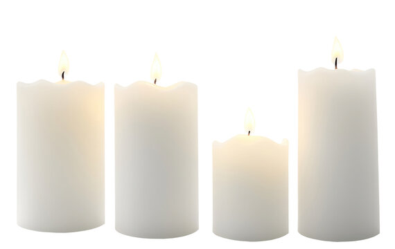 White wax candles collection isolated on transparent background. Generative AI