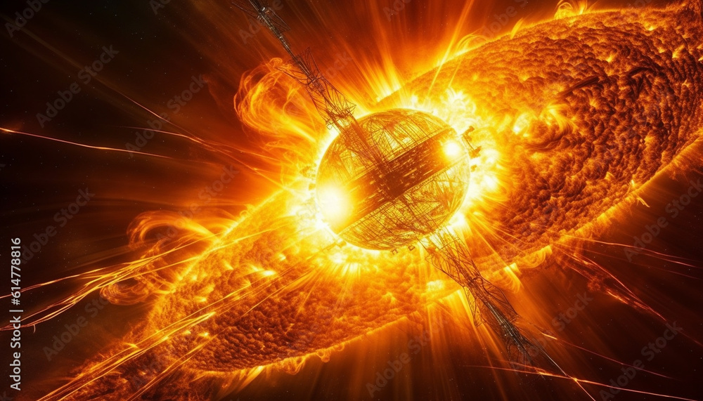 Poster exploding fireball melts metal sphere in futuristic engineering performance generated by ai