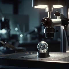 Lab-grown diamond in halo effect with soft, warm light. Shiny diamond. Round diamond isolated on blurred laboratory background. Realistic 3D illustration. Generative AI - obrazy, fototapety, plakaty