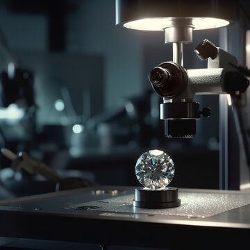 Lab-grown diamond in halo effect with soft, warm light. Shiny diamond. Round diamond isolated on blurred laboratory background. Realistic 3D illustration. Generative AI