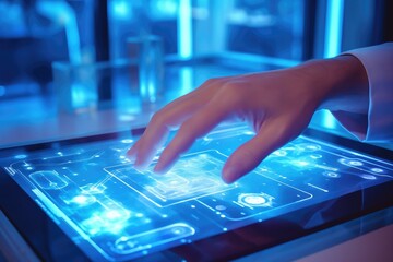 A detailed close - up photograph of a medicine doctor's hand interacting with an electronic medical record displayed on a tablet. Generative AI