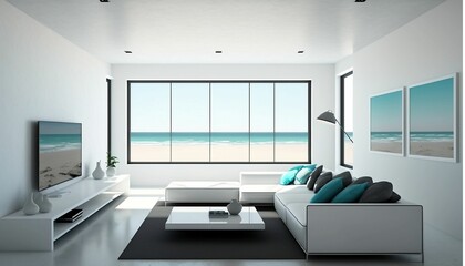 Fototapeta na wymiar White and minimalist living room with views of the beach. Generative AI.