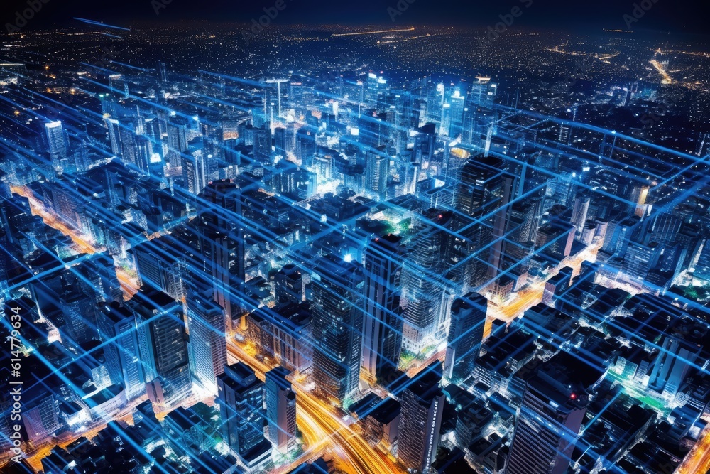 Poster close-up photo of night cityscape symbolizing fast network and connection technology. generative ai