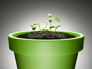 Green sprouts growing from flowerpot against gray background