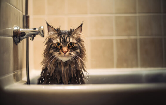 maine coon longhair cat sitting inside of bathtub with soaking wet fur looking at camera. concept for cleaning and hygiene.