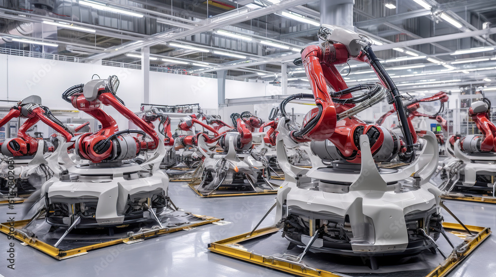 Wall mural Illustration of automobile production line welding car body modern car assembly plant auto industry. Robotic arms in a futuristic car factory. Realistic 3D illustration. Generative AI