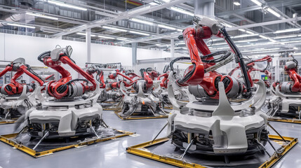 Illustration of automobile production line welding car body modern car assembly plant auto industry. Robotic arms in a futuristic car factory. Realistic 3D illustration. Generative AI