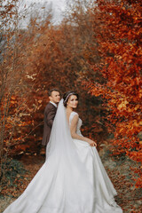 Fototapeta na wymiar Wedding couple on a walk in the autumn park, medium portrait, place for text