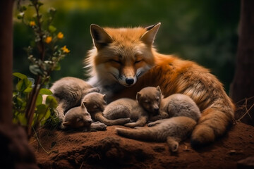 Fox Family in the Wild. Generative AI.
A digital rendering of a fox mother and her pups.  