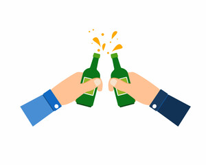 Two businessmen toasting bottle of beer after deal done flat vector design.