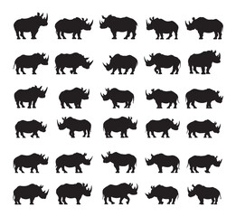 Collection of African Rhinoceros Rhino silhouettes. Isolated on white background