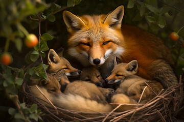 Fox Family in the Wild. Generative AI.
A digital rendering of a fox mother and her pups.  