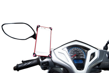 Smartphone on motorcycle handlebar holder for safety and use it to view the navigation map  on png  background