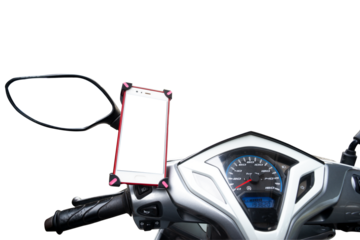 Smartphone on motorcycle handlebar holder for safety and use it to view the navigation map  on png  background