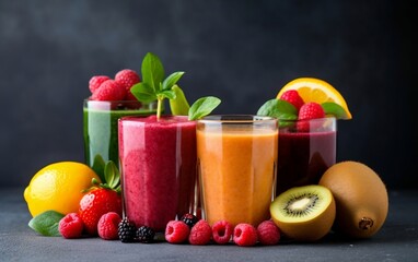 Refreshing Fruit Smoothie with Fresh Fruits and Water Droplets. Generative AI