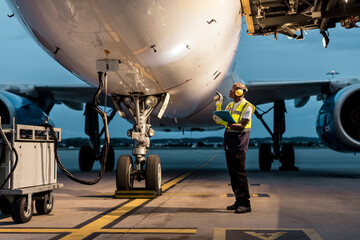 Fototapeta Airport ground crew worker checking airplane on tarmac obraz