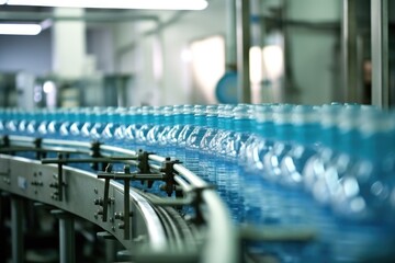 Beverage factory with a close - up shot of a conveyor belt flowing with bottles for water. Generative AI