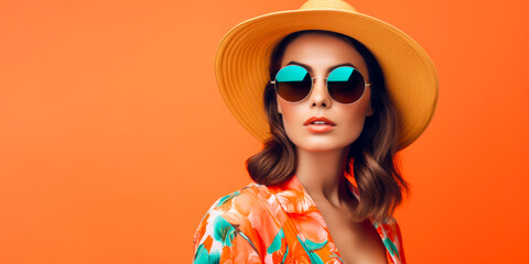 Attractive lovely young woman in sunglasses and hat standing over orange backgound. Generative AI