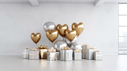 Romantic white room background with balloons hearts and gift box. Valentine's Day or Merry Christmas and Happy New Year greetings.