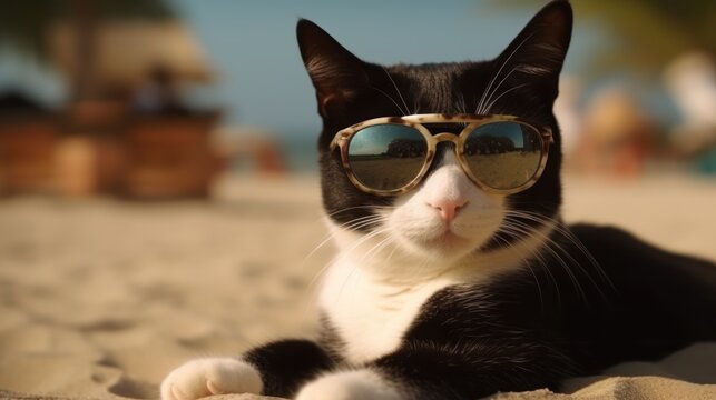 cat on a beach HD 8K wallpaper Stock Photographic Image