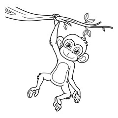 Fototapeta premium Cartoon monkey hanging on tree branch line art