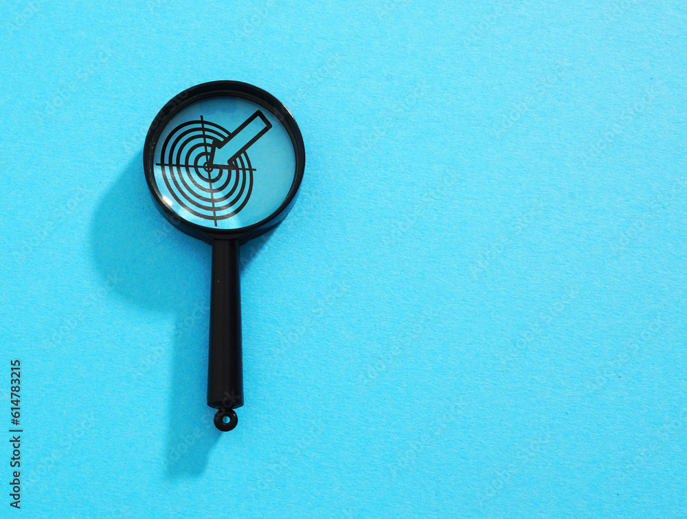Poster challenge, strategy, focus,target, objective business concept. target icon inside magnifying glass o