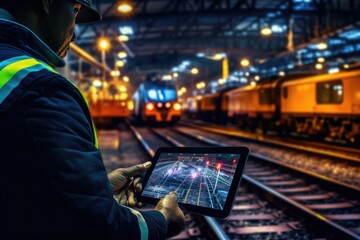 A close - up shot of an engineer using a tablet to check and analyze the data systems of a track on the railway network. Generative AI