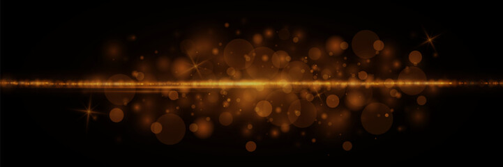 Abstract stylish light effect on black background. Golden glowing neon line. Golden glowing dust and glare. An explosion of light and glare.