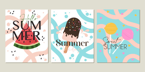Summer poster set. The upright Set is great for cards, brochures, flyers, and advertising poster templates. Vector illustration.