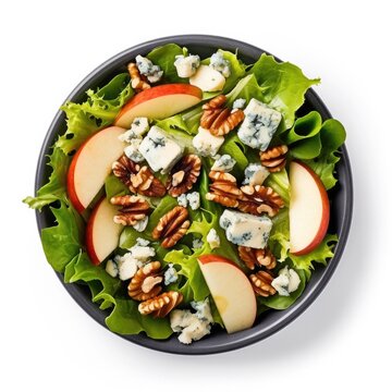 Delicious Salad with Apples, Walnuts and Blue Cheese Isolated on a White Background