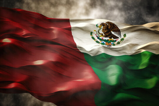 Mexican flag blowing in the wind. AI generative.