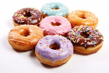 Illustration of a colourful assortment of freshly baked iced donuts on a plain background created with Generative AI technology